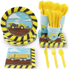 Serves 24 Under Construction Theme Party Supplies Decoration for Kids Birthday, Disposable Paper Plates, Napkins, Cups & Cutlery