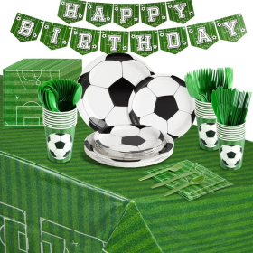 171-Piece Soccer Party Decorations, Serves 24 Sports-Themed Birthday Party Supplies with Plates, Napkins, Cups, and Green Cutlery Set, Tablecloth, and