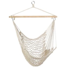 Hammock Chair Hanging Rope Seat Swing w/ Wooden Stick 220lbs Load for Patio Yard Porch Outdoor Bedroom Indoor (Color: Beige)